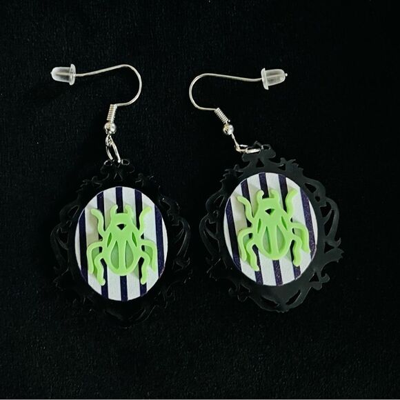 Beetle Earrings Vintage Inspired, Black, White, Green, Purple, Scroll de… - Picture 1 of 2